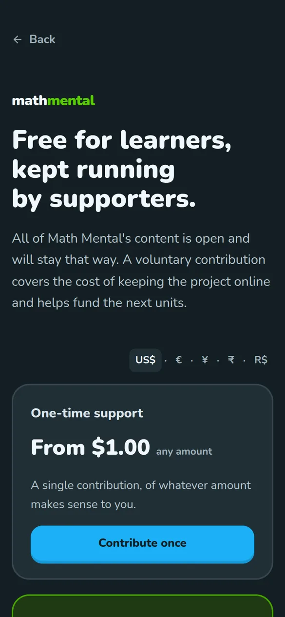 Math Mental support page on a phone: the heading Free for learners, kept running by supporters, the currency picker and the One-time support card