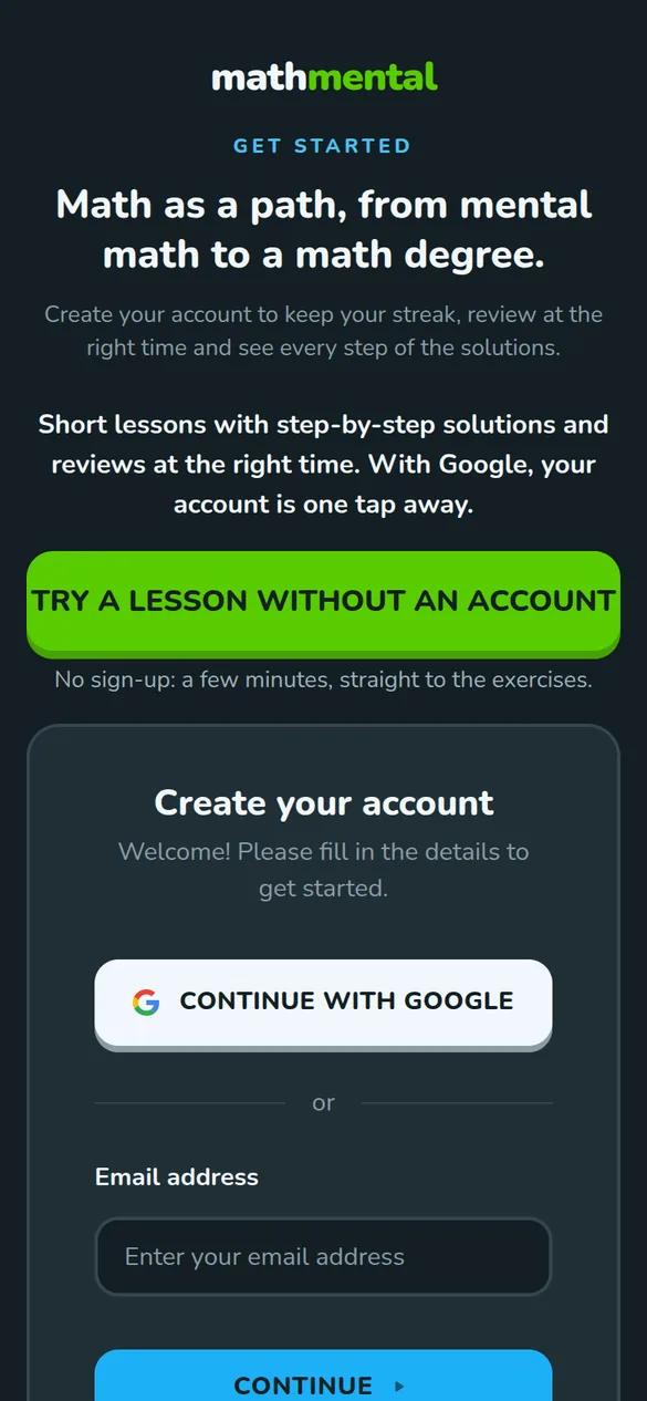 Math Mental sign-up screen on a phone with the Try a lesson without an account button above the Continue with Google and email options