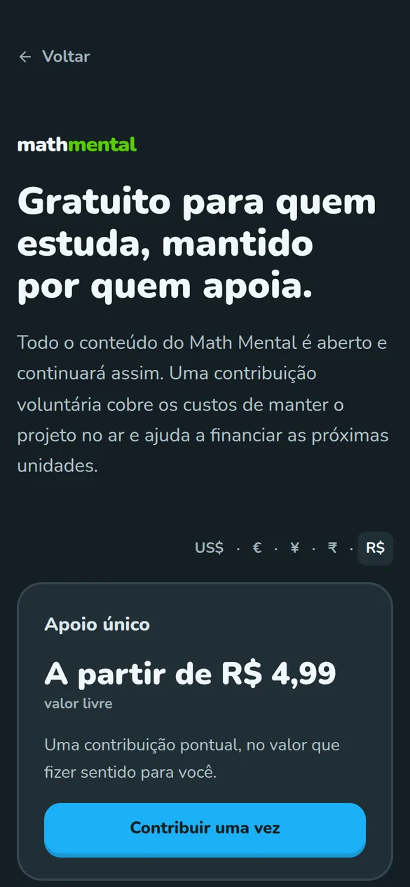 Página de apoio do Math Mental no celular: título Gratuito para quem estuda, mantido por quem apoia, escolha de moeda e o cartão Apoio único