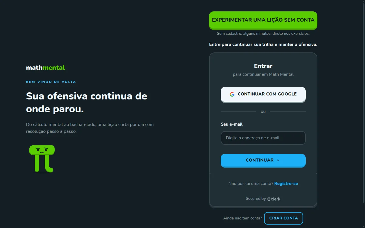 Tela de entrada do Math Mental no computador com o botão Experimentar uma lição sem conta, o botão Continuar com Google e o campo de e-mail para receber o código