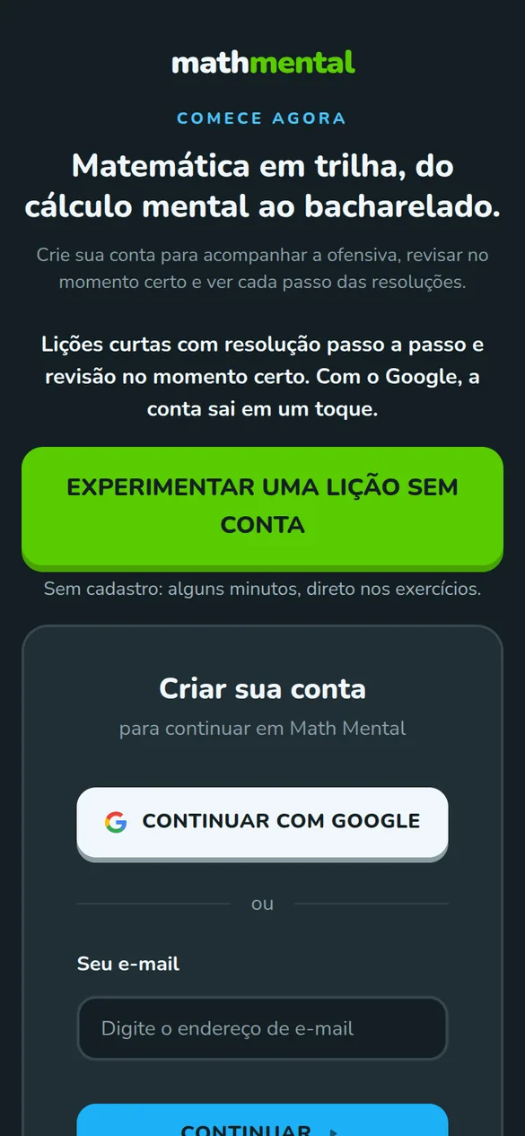 Tela de cadastro do Math Mental no celular com o botão Experimentar uma lição sem conta, acima das opções Continuar com Google e e-mail