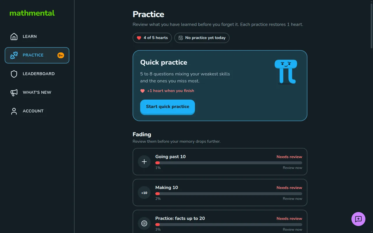 Math Mental Practice screen on a computer, with quick practice and the list of fading skills, each with its memory percentage