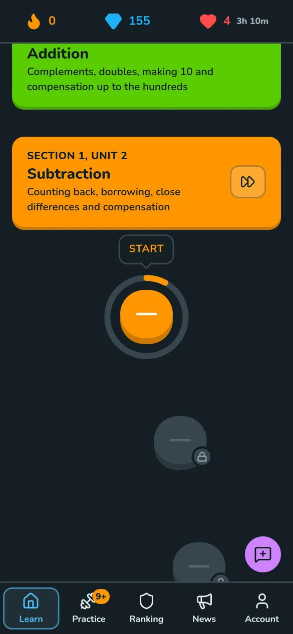 Math Mental learning path on a phone: the Addition unit completed and the Subtraction unit with the Start button on its first lesson