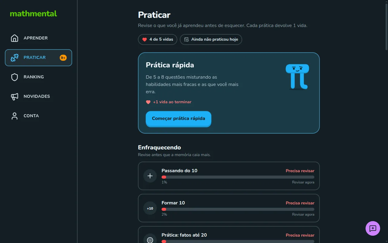 Tela Praticar do Math Mental no computador, com a Prática rápida e a lista de habilidades enfraquecendo, cada uma com a porcentagem de memória