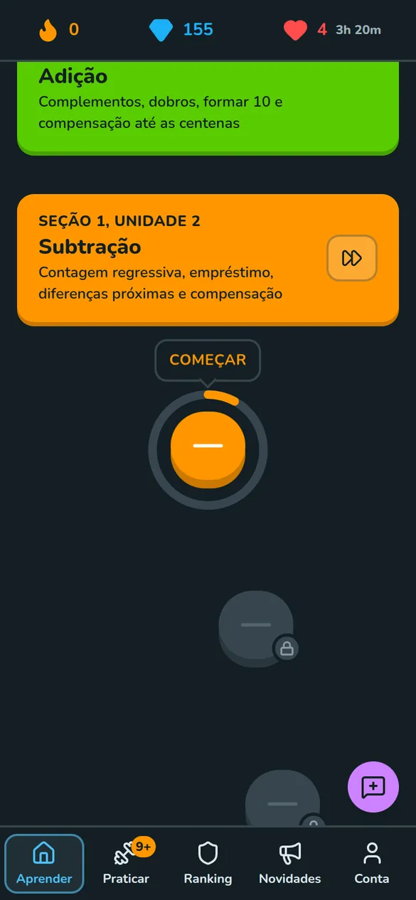 Trilha do Math Mental no celular: a unidade Adição concluída e a unidade Subtração com o botão Começar na primeira lição
